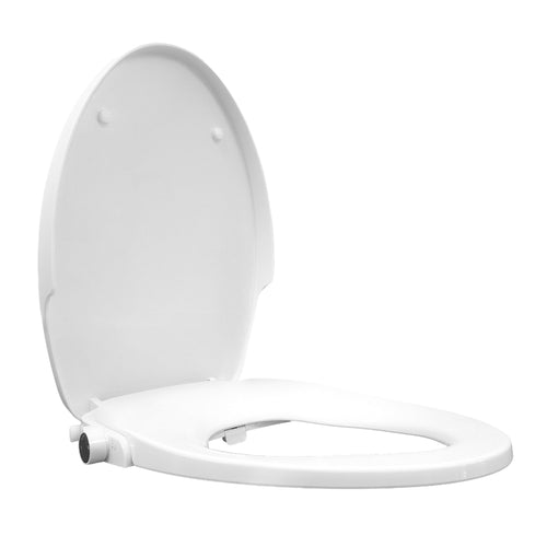 A white toilet bidet seat with an attached lid, shown from a three-quarters angle on a solid white background.