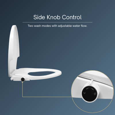 White toilet bidet seat with an open lid and side control knob shown on a blue gradient background, with text reading 'Side Knob Control' and a circular inset highlighting the control.
