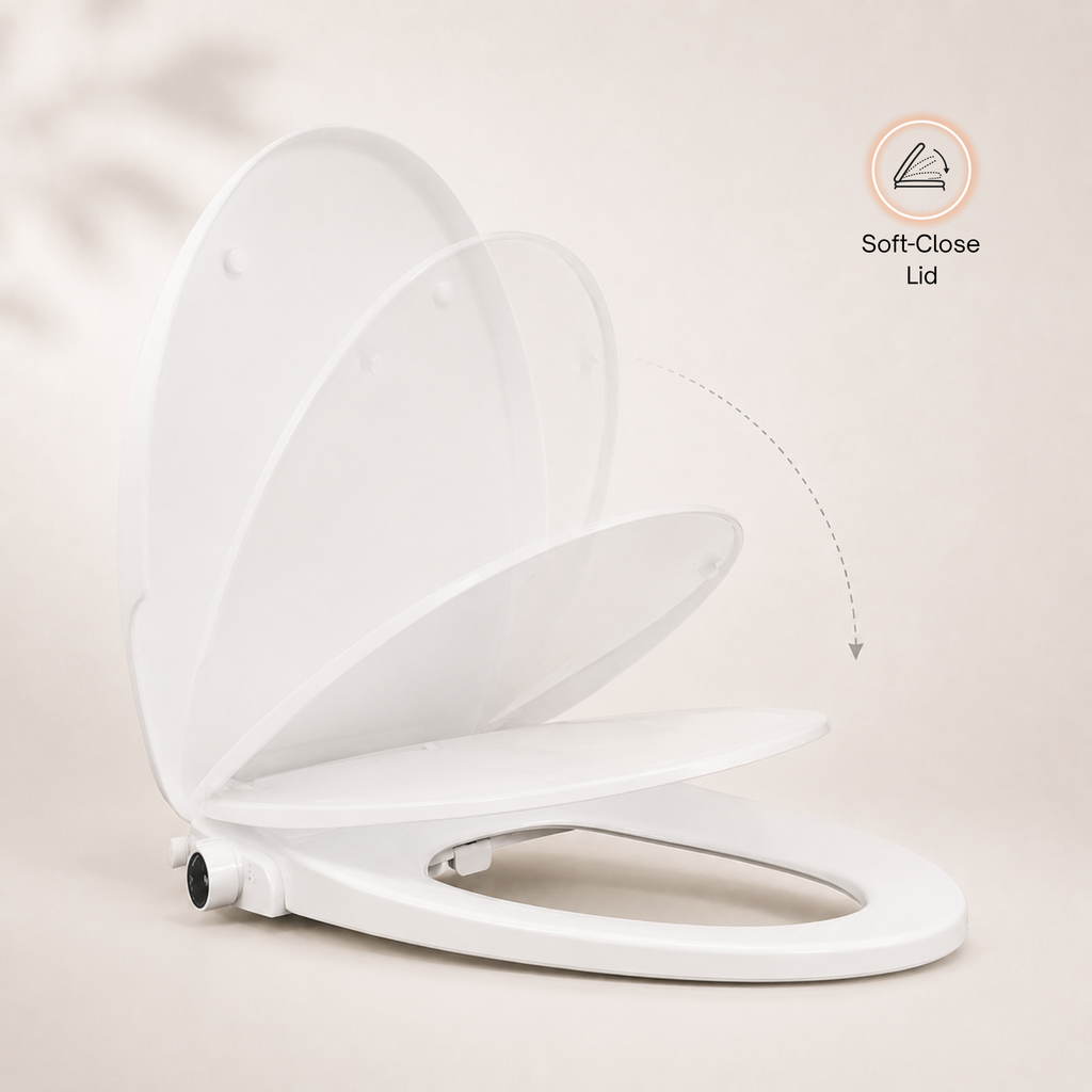 A white bidet toilet seat with the lid open, shown on a light beige background with a 'Soft-Close Lid' feature icon in the upper right.