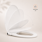 A white bidet toilet seat with the lid open, shown on a light beige background with a 'Soft-Close Lid' feature icon in the upper right.