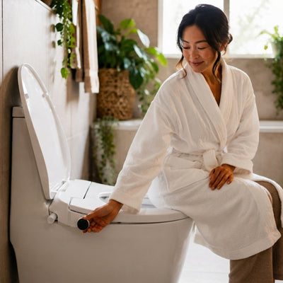 A woman in a white bathrobe sits on a white bidet toilet seat in a bright, modern bathroom, holding the control knob on the side of the bidet.