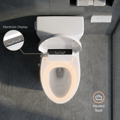 Top-down view of a white bidet seat with a heated seat and electronic display, set in a modern bathroom with dark gray tiled floors. Callout labels indicate 'Electronic Display' and 'Heated Seat'.