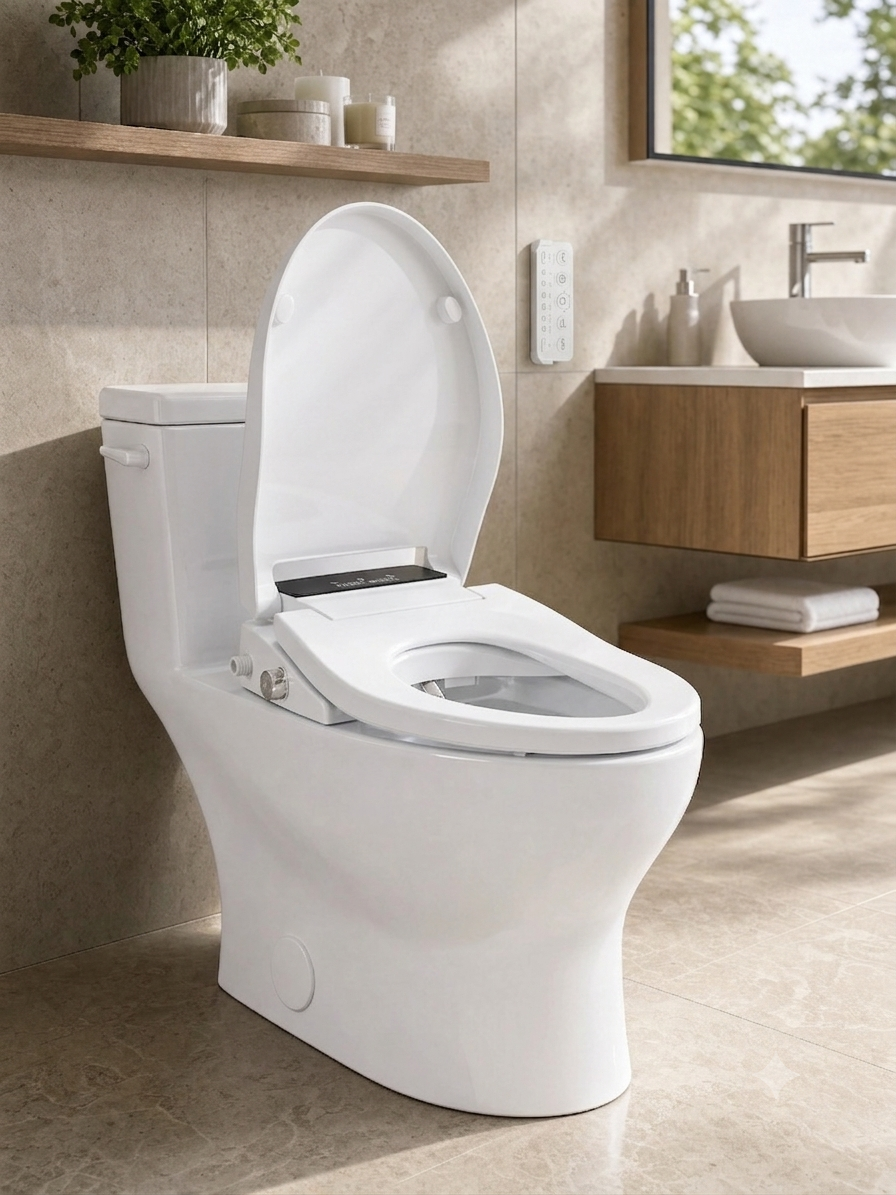 Zenwash Pro bidet installed on a skirted toilet in a modern, wooded styled bathroom.