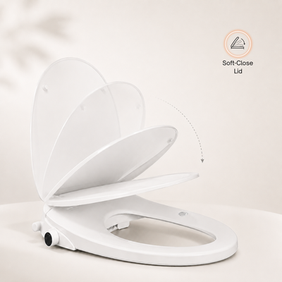 White bidet seat, with lid open, showcasing the auto open lid feature.