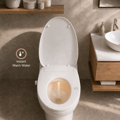 A white bidet seat with the lid open, showing warm water circulating in the seat and bowl area, set in a modern bathroom with a wooden vanity and floating shelf. An overlay reads 'Instant Warm Water'.