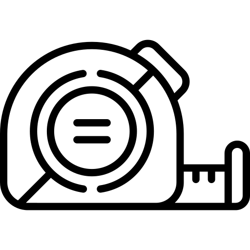 Black line drawing of a tape measure icon.